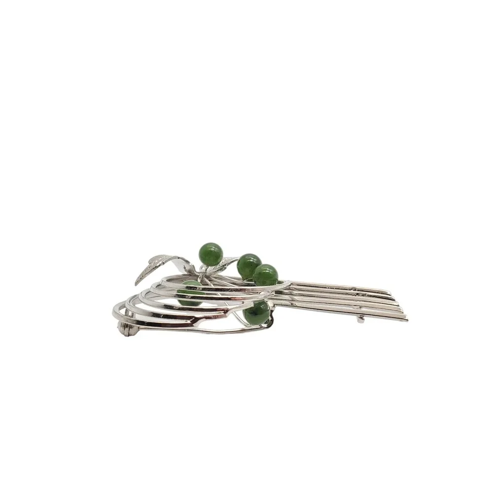 Abstract Brooch Silver Tone Green Jade Style Textured Leaf Spray MCM Pin Vintage